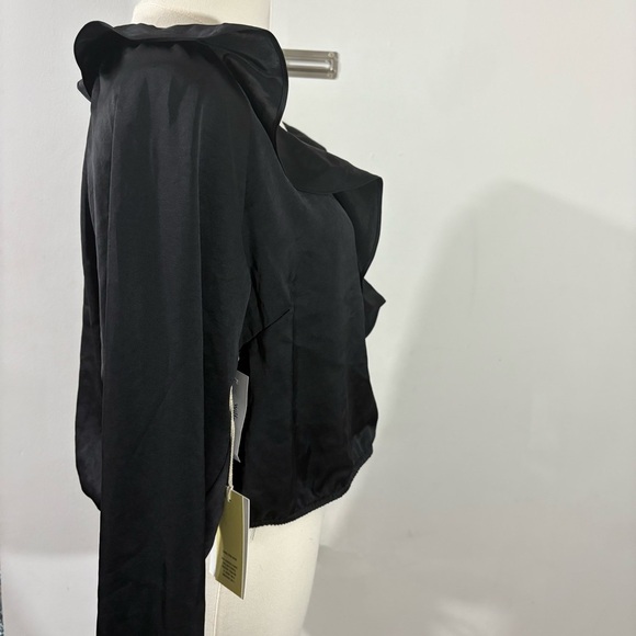 Aritzia Wilfred Spartina Black Ruffle V Neck Blouse Bell Sleeve Sz L Boho Fairy - Picture 5 of 11
